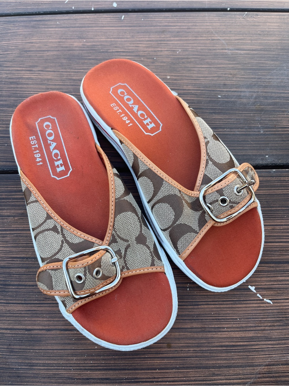 COACH Brown Signature Canvas Slide Sandals with Orange Footbed